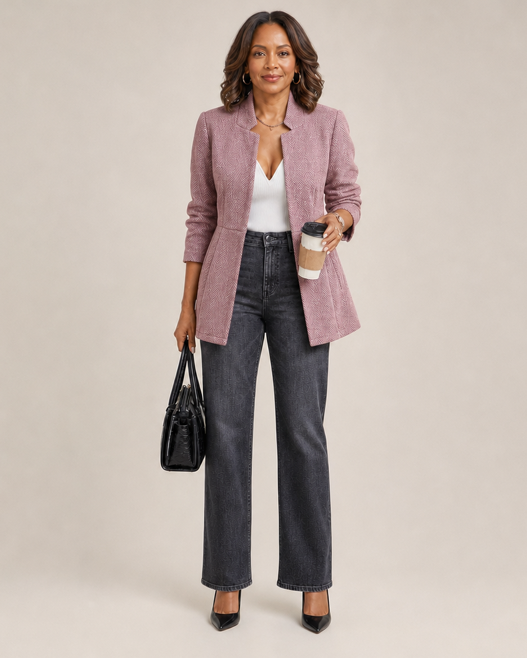 Women's Herringbone Blazer with Notch Lapel and Belted Waist