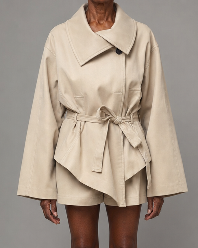 Women | Oversized Belted Short Beige Trench Coat