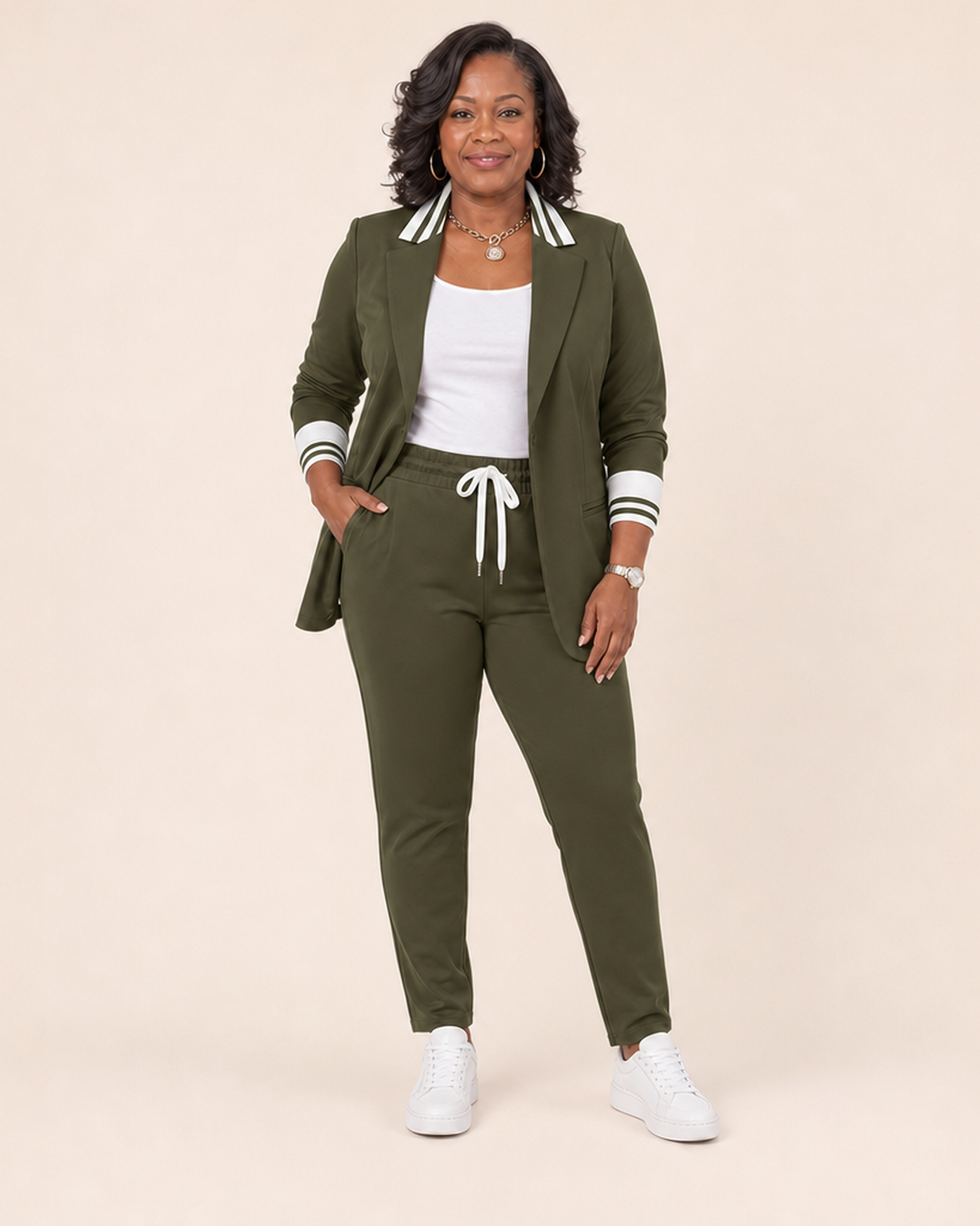 Gestreepte blazer- en broekset voor dames met trekkoord