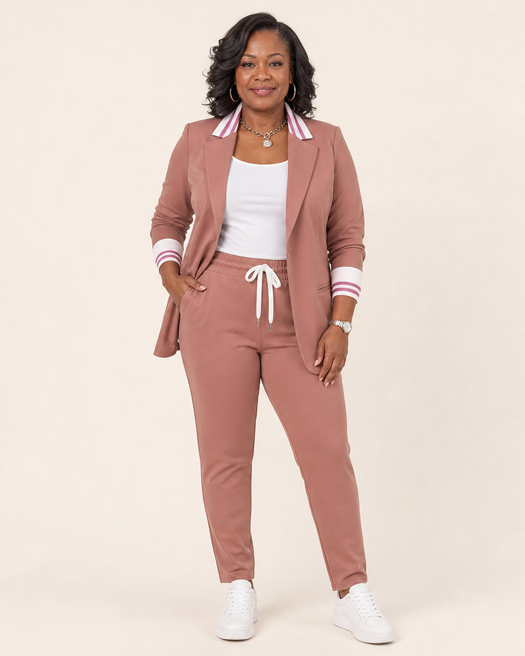Gestreepte | blazer- en broekset voor dames met trekkoord