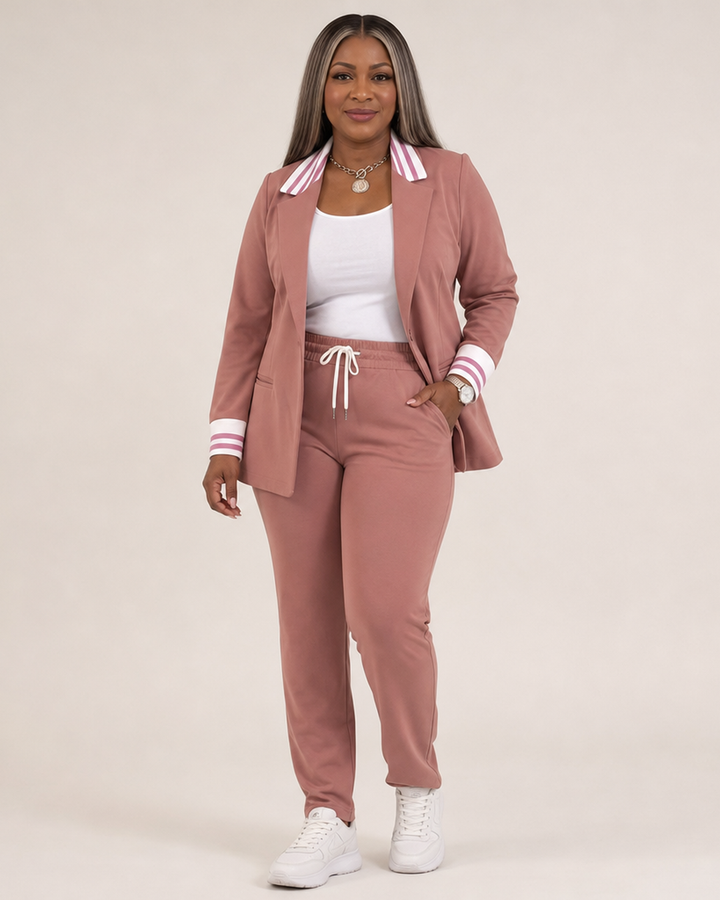 Gestreepte blazer- en broekset voor dames met trekkoord