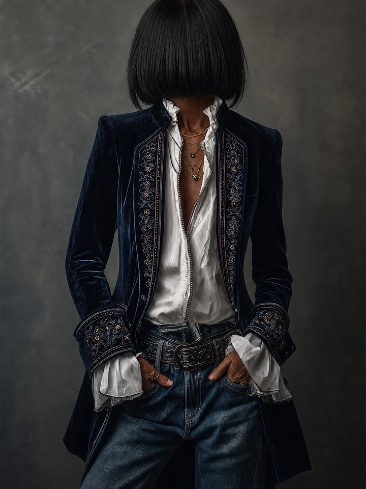 Xanthippe | Vintage Navy Embroidered Longline Jacket
