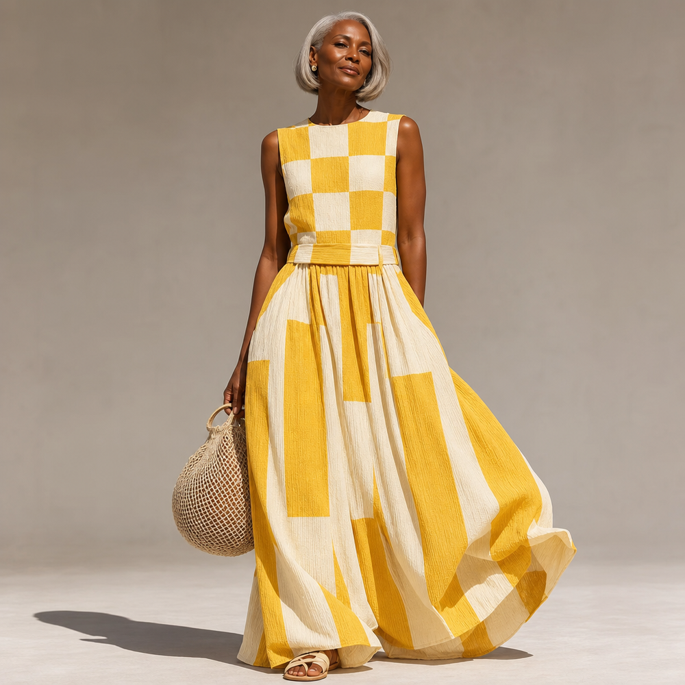 Ardenne | Plaid and Stripe Panelled Sleeveless Maxi Dress - Yellow