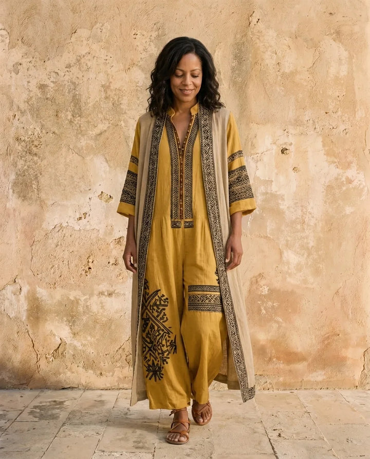 Saffron | Graphic Print Jumpsuit And Duster Set