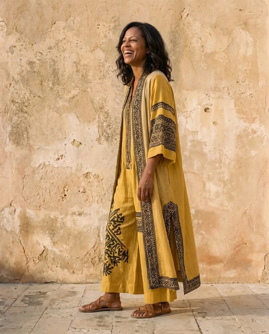 Saffron | Graphic Print Jumpsuit And Duster Set