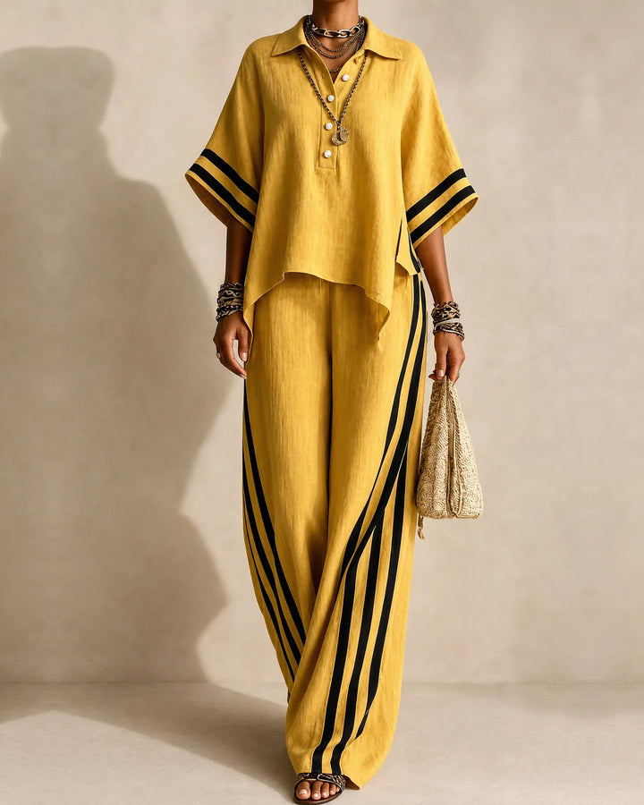 Naima | Polo Collar Top & Side-Stripe Wide-Leg Set