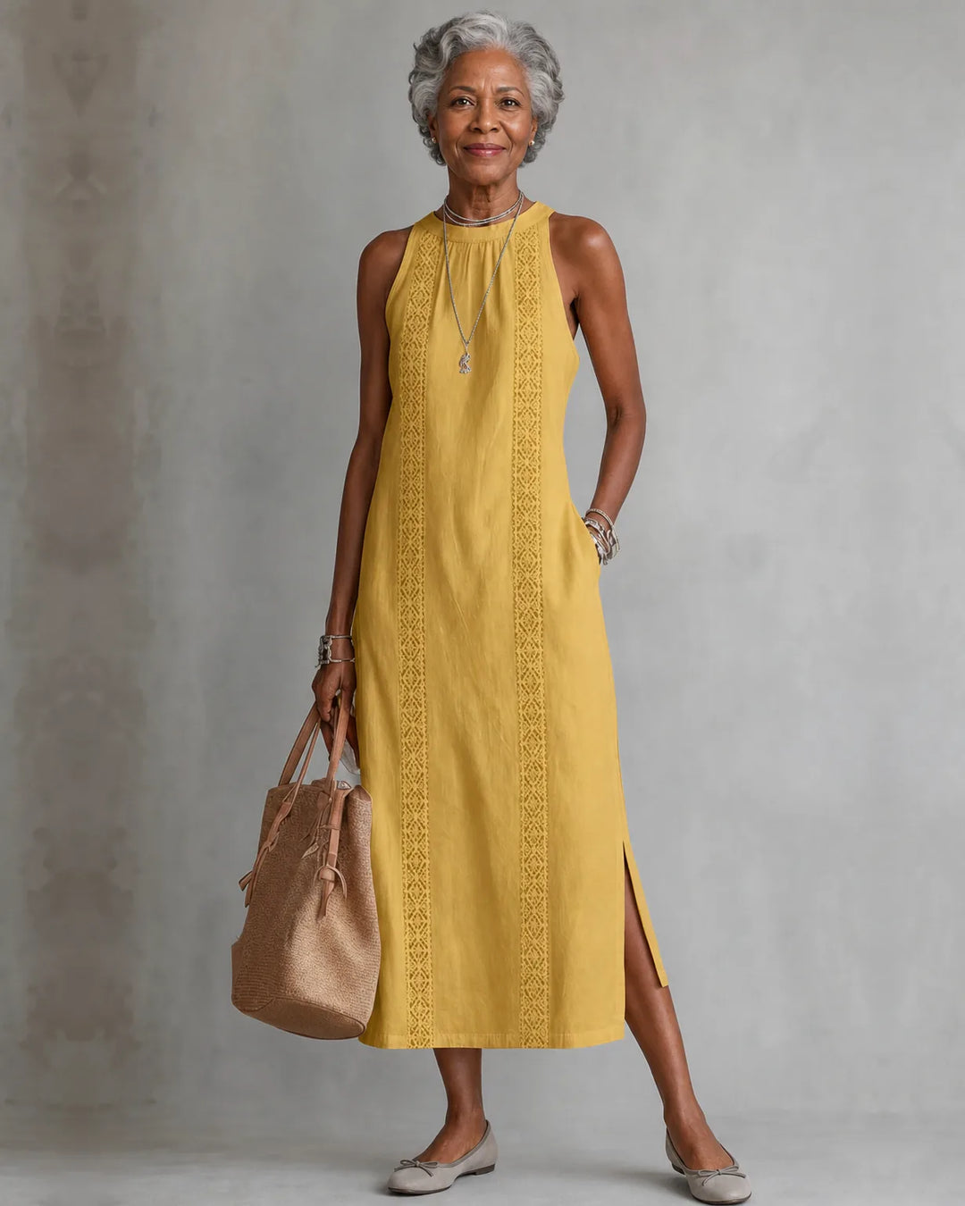 Jimena | Embroidered Mandarin-Collar Midi Dress