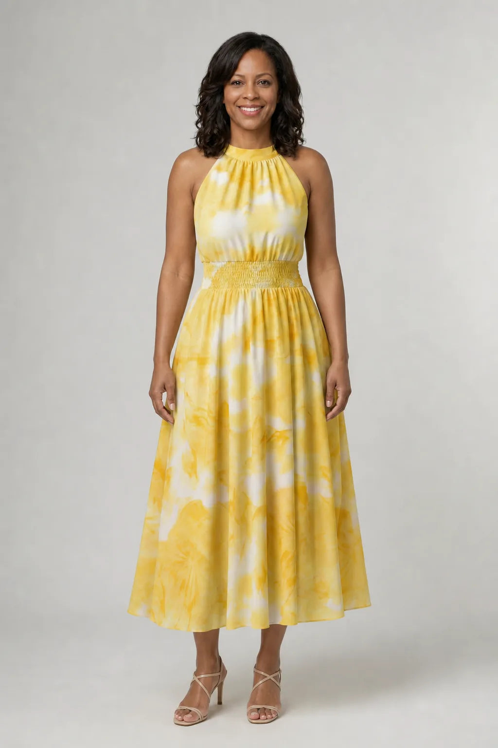 Sylin | Gathered Halter Midi Dress — Yellow