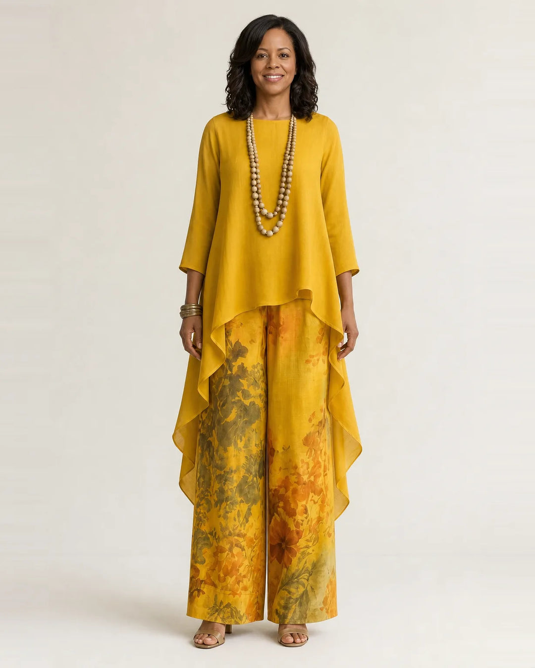 Cariola | Cotton-Silk Two-Piece Set with Asymmetric Tunic — Yellow