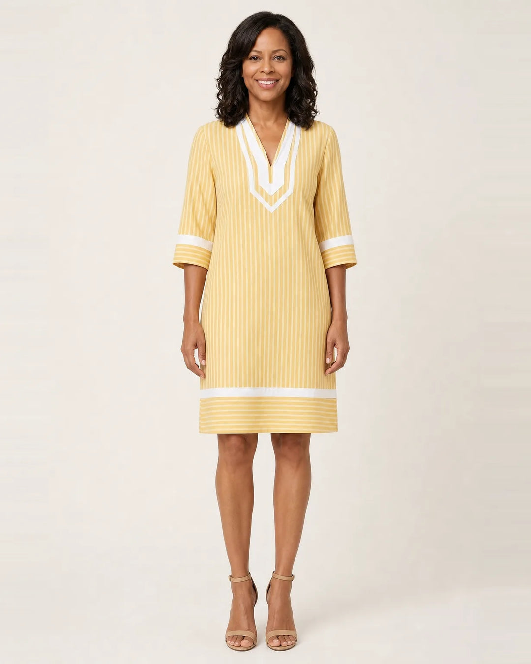 Sanina | Contrast-Trim Stripe V-Neck Cotton Shift Dress — Yellow