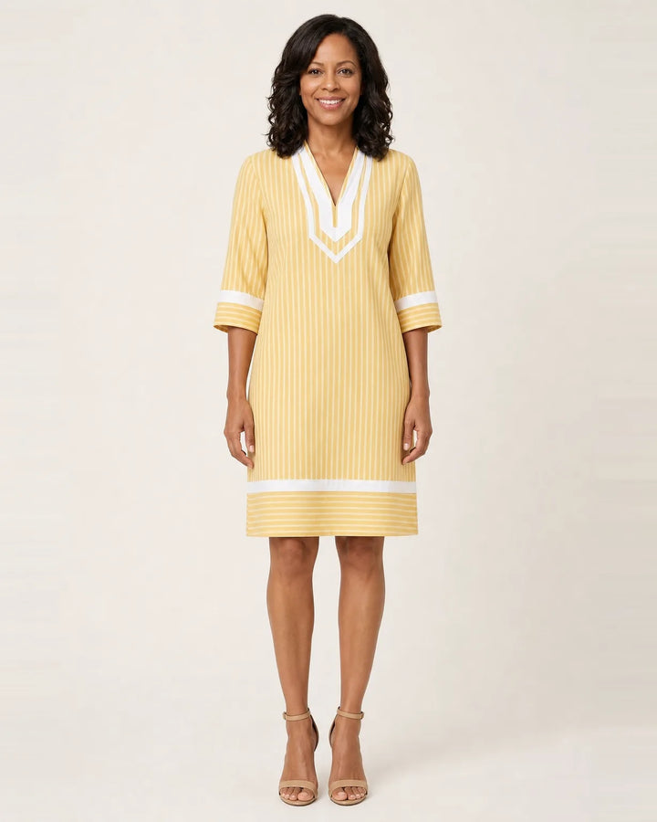 Sanina | Contrast-Trim Stripe V-Neck Cotton Shift Dress — Yellow