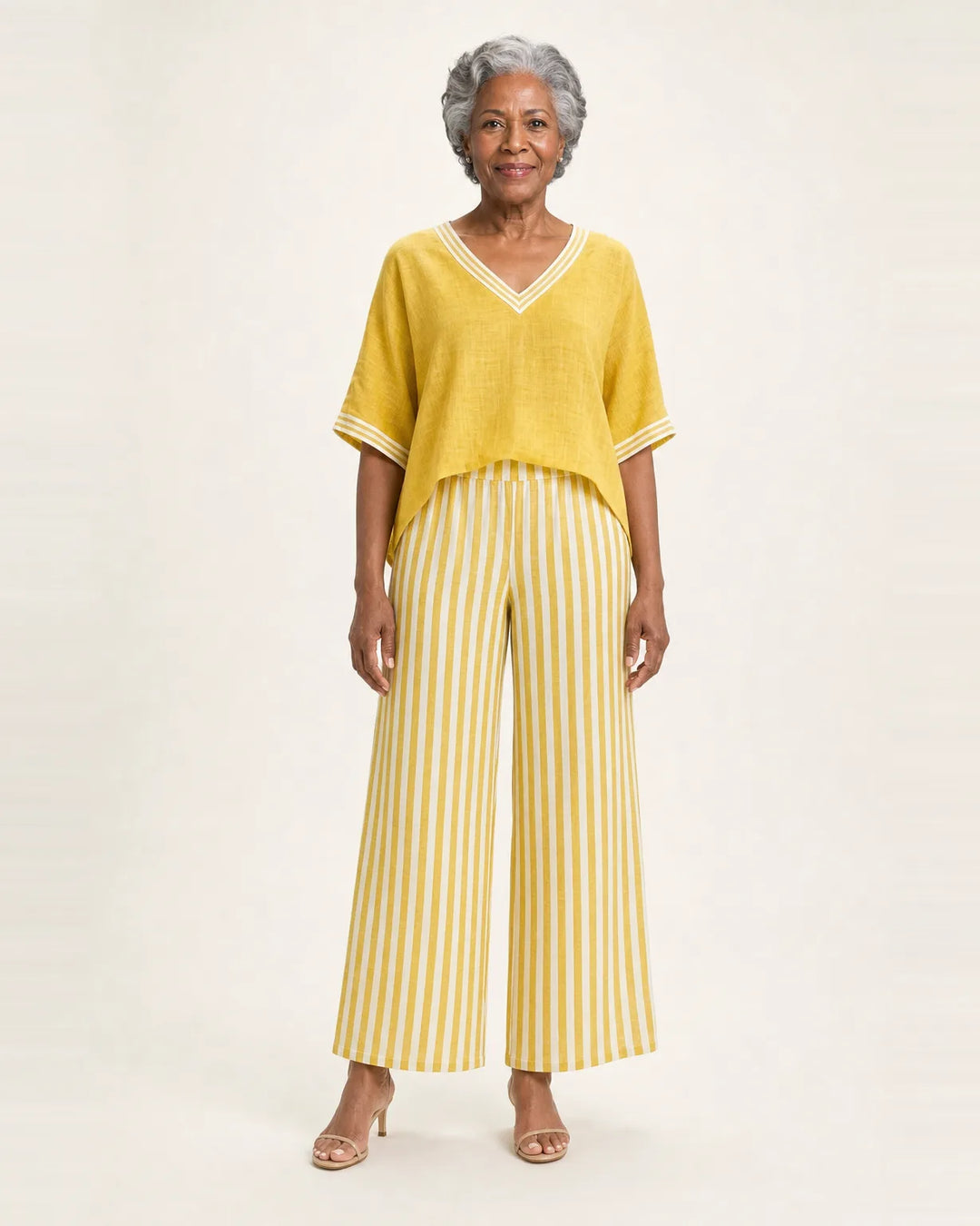 Juliana | V-Neck Varsity Top & Stripe Wide-Leg Set — Yellow
