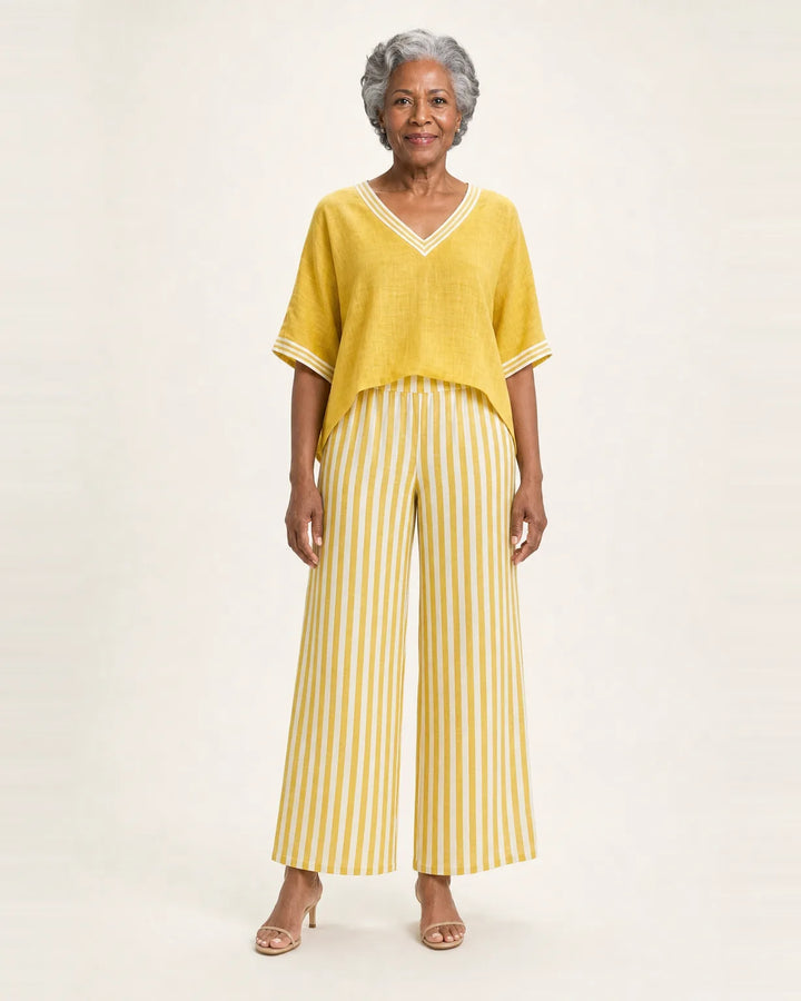 Juliana | V-Neck Varsity Top & Stripe Wide-Leg Set — Yellow
