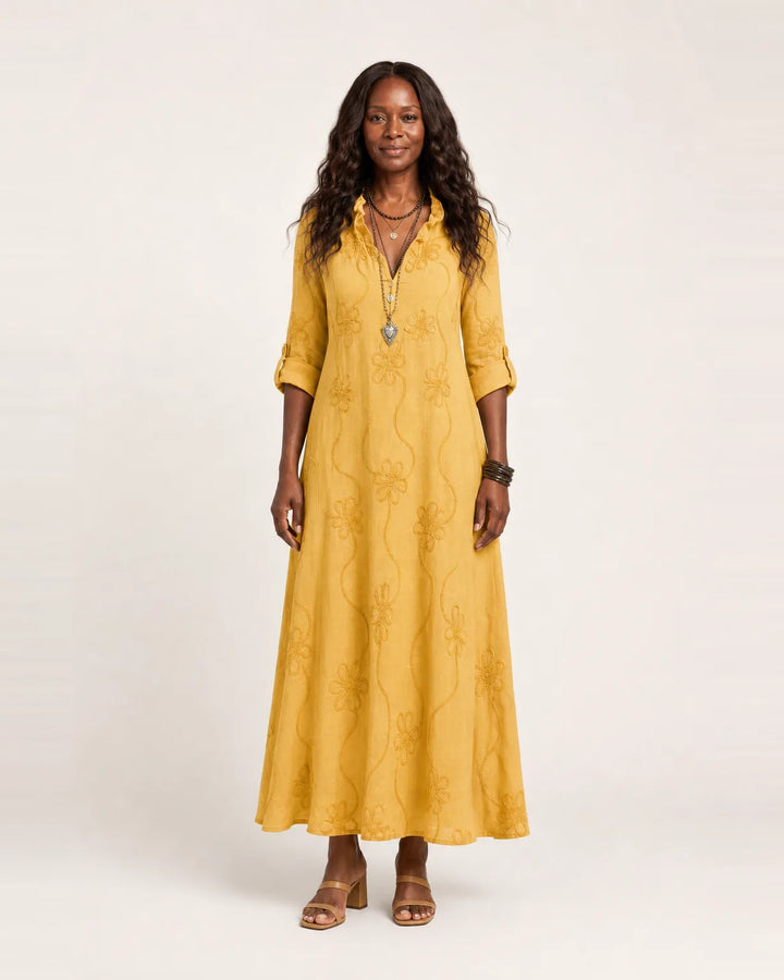 Mariam | Cotton-Linen Maxi Dress with Tonal Floral Embroidery — Yellow