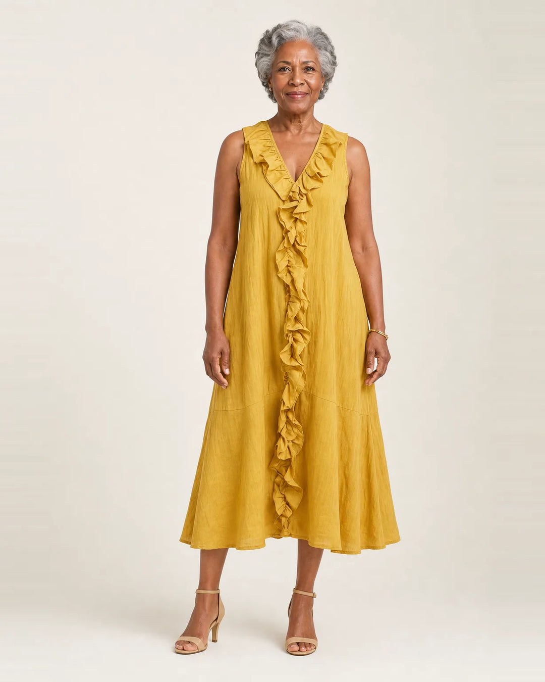 Vicky | Ruffle-Front V-Neck Sleeveless Linen Maxi Dress — Yellow