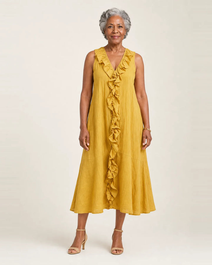 Vicky | Ruffle-Front V-Neck Sleeveless Linen Maxi Dress — Yellow