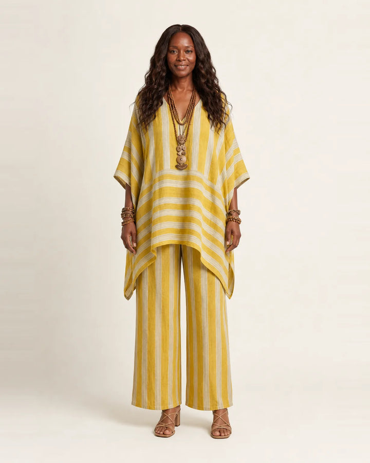 Kiara | Two-Piece Striped Cotton-Linen Set — Yellow