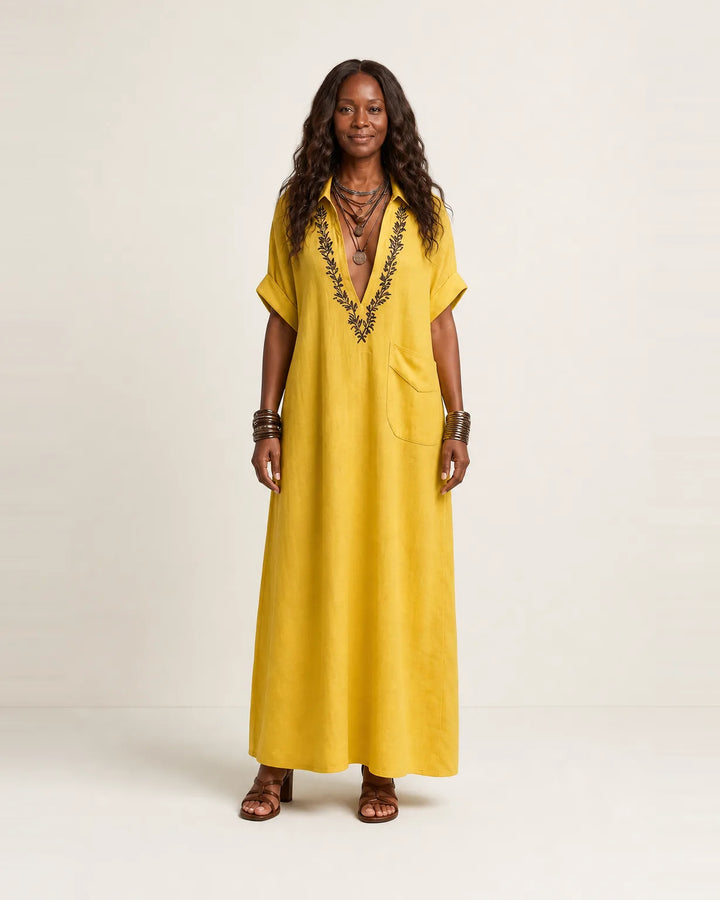 Amarina | Embroidered V-Neck Collar Linen Maxi Dress — Yellow