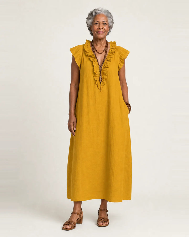 Josette | Ruffle V-Neck Linen Maxi Dress — Yellow