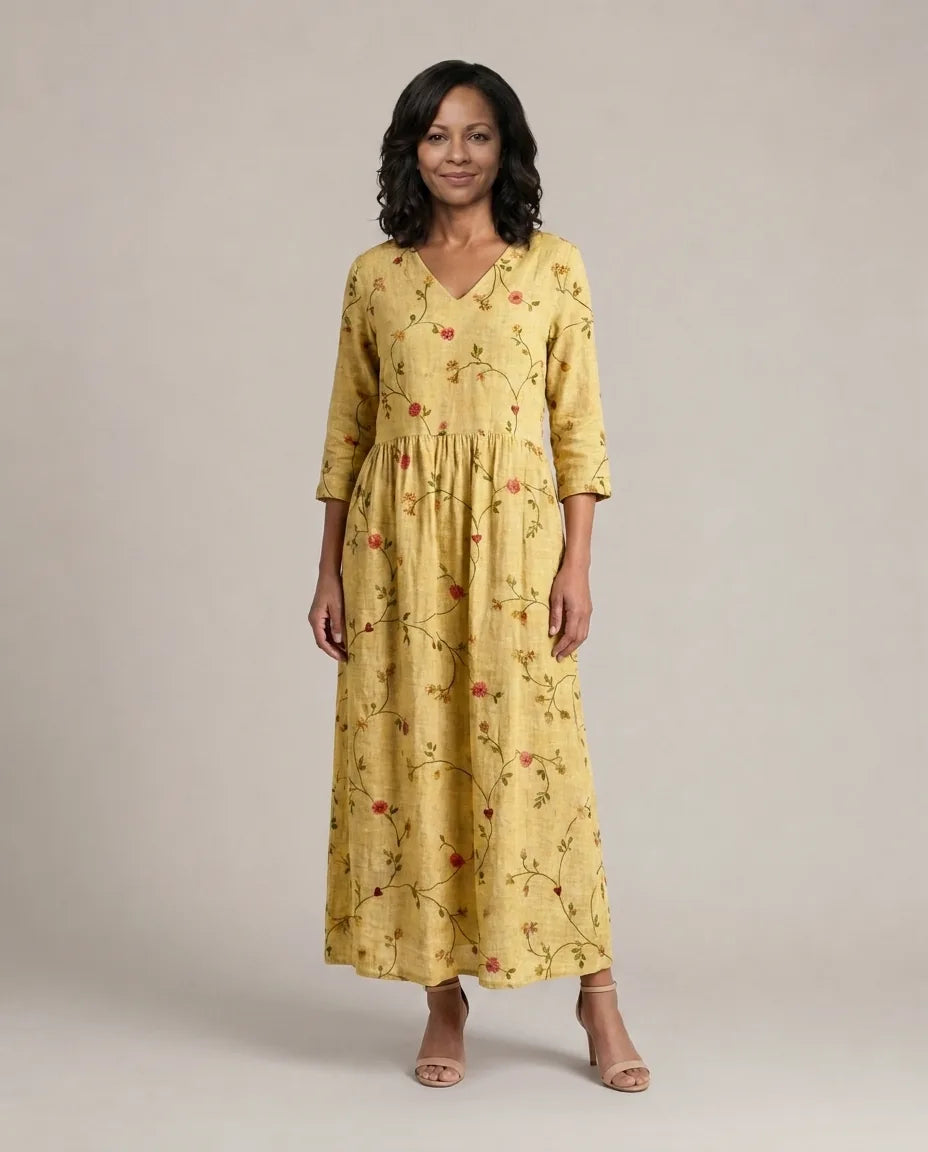 Marina | Floral V Neck Three Quarter Sleeve Maxi Dress