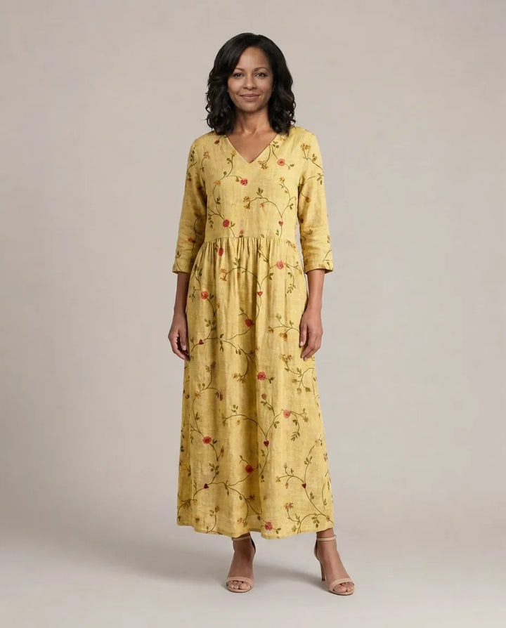 Marina | Floral V Neck Three Quarter Sleeve Maxi Dress