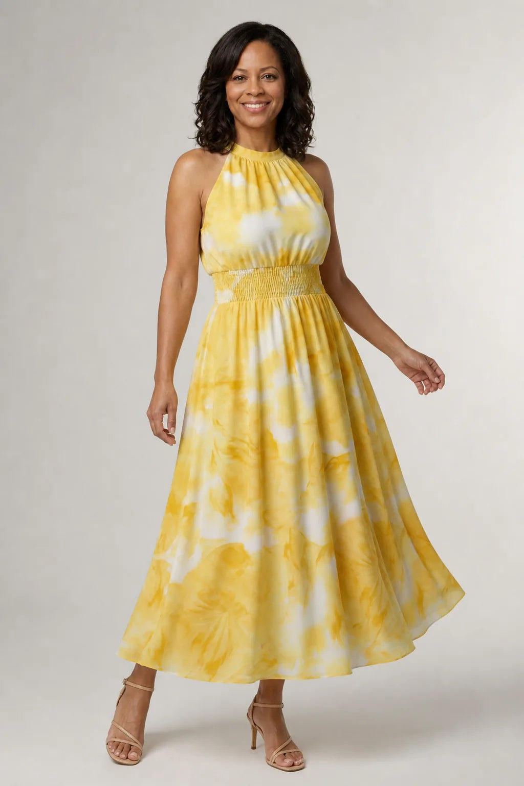 Sylin | Gathered Halter Midi Dress — Yellow