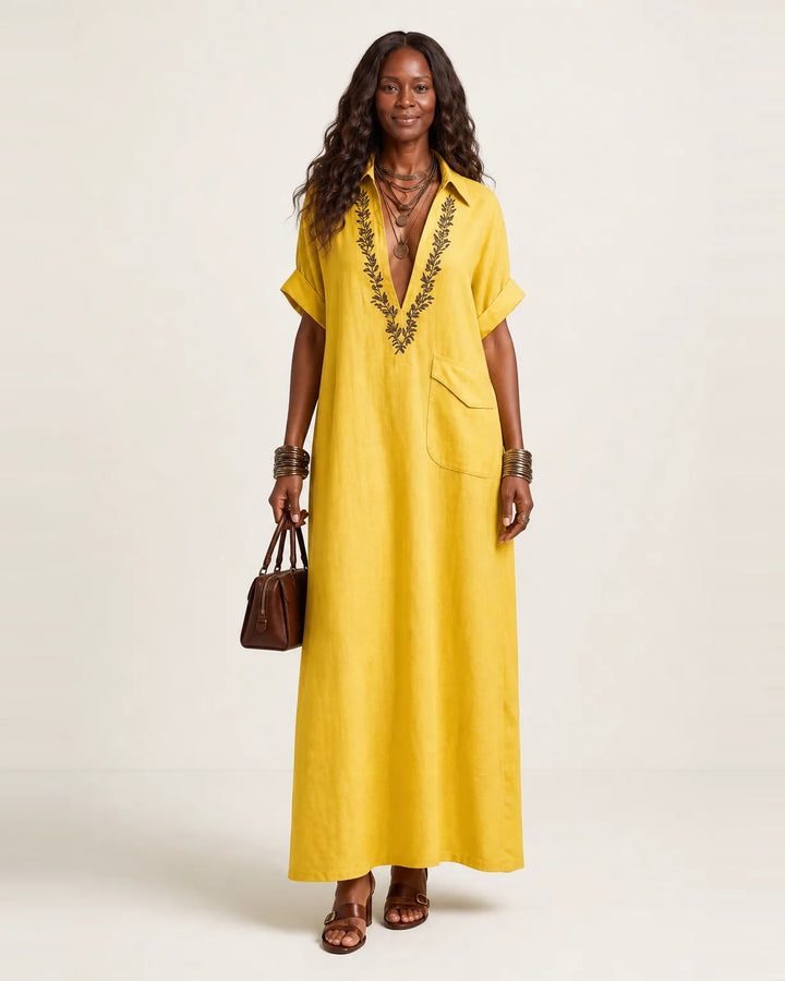 Amarina | Embroidered V-Neck Collar Linen Maxi Dress — Yellow