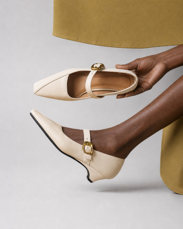 Kimberly | Paneled Mary Jane Heels - Beige